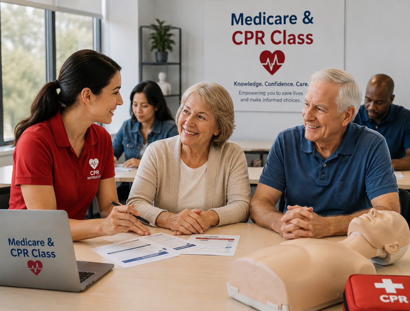 An advisor reviewing Medicare options and CPR training details with a client