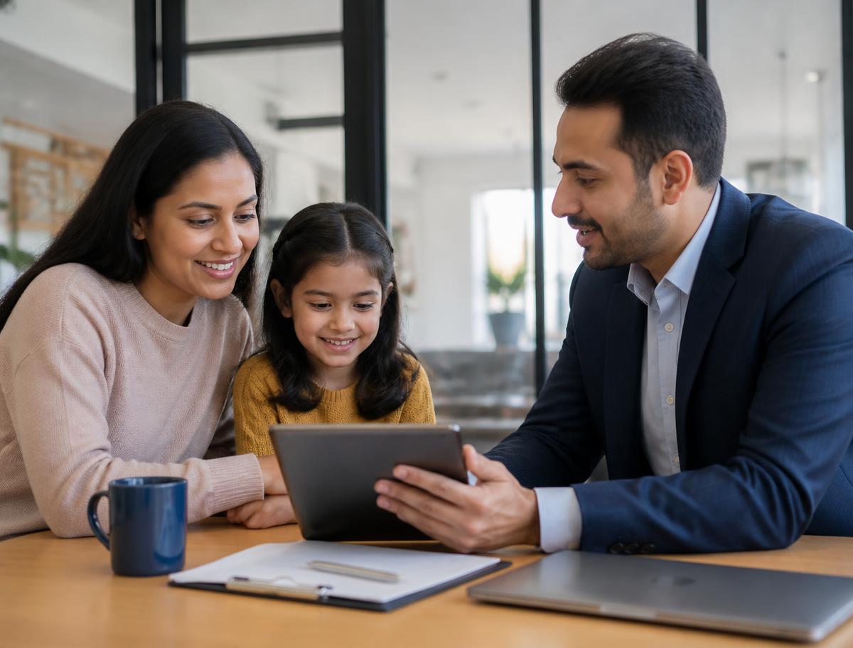 An advisor explaining a health insurance plan to a mother and daughter
